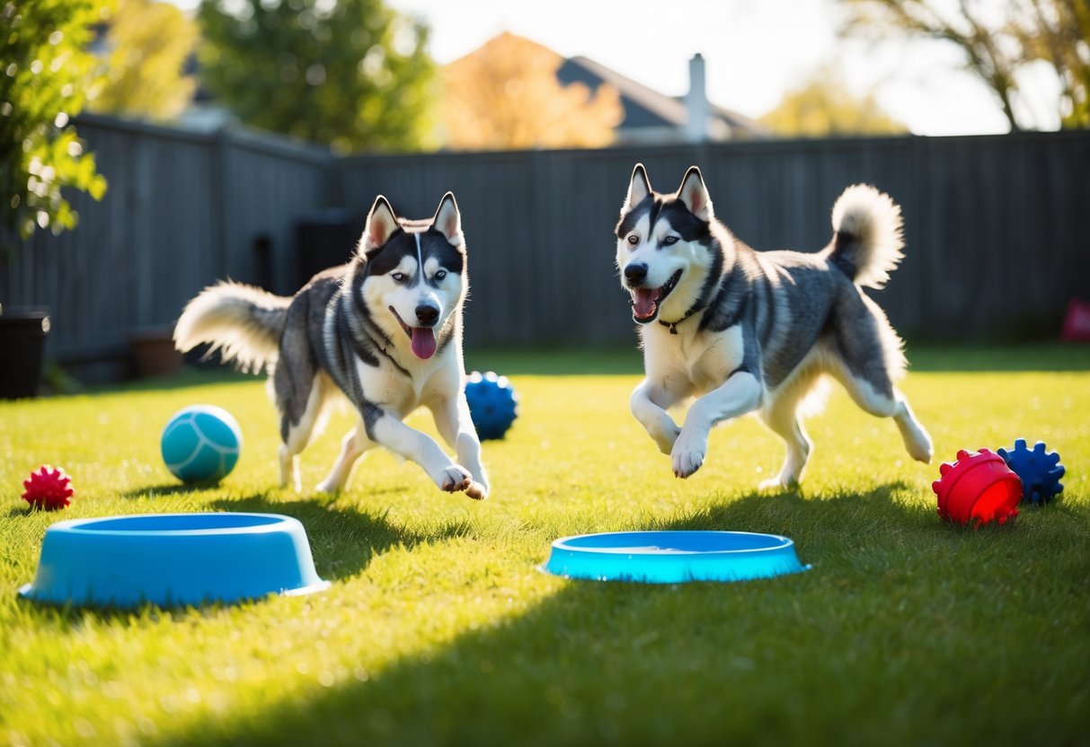 Beautiful Siberian husky in a modern home backyard with lush green lawn